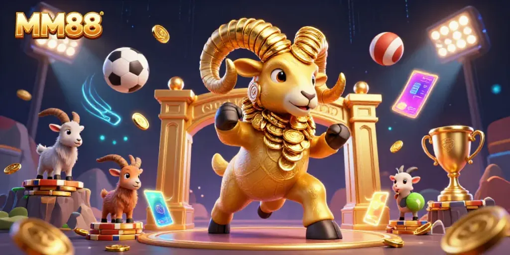 Experience thrilling gameplay with MM88, showcasing a golden ram and exciting sports elements.