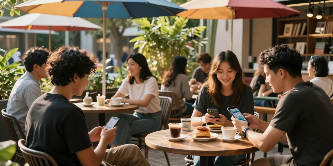 Friends enjoying coffee while checking rokok88 login at a cozy outdoor café