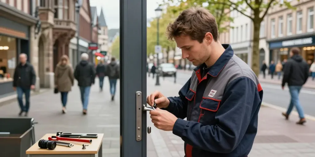 Der Schlüsseldienst Baesweiler in Aktion, Techniker öffnet Tür mit Werkzeugen in einer belebten Straße in Aachen.