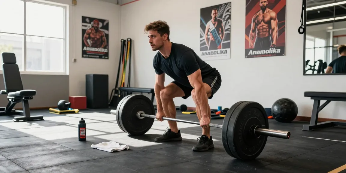 Aktives Fitness-Training im Anabolika Shop mit Bodybuilder beim Deadlift.