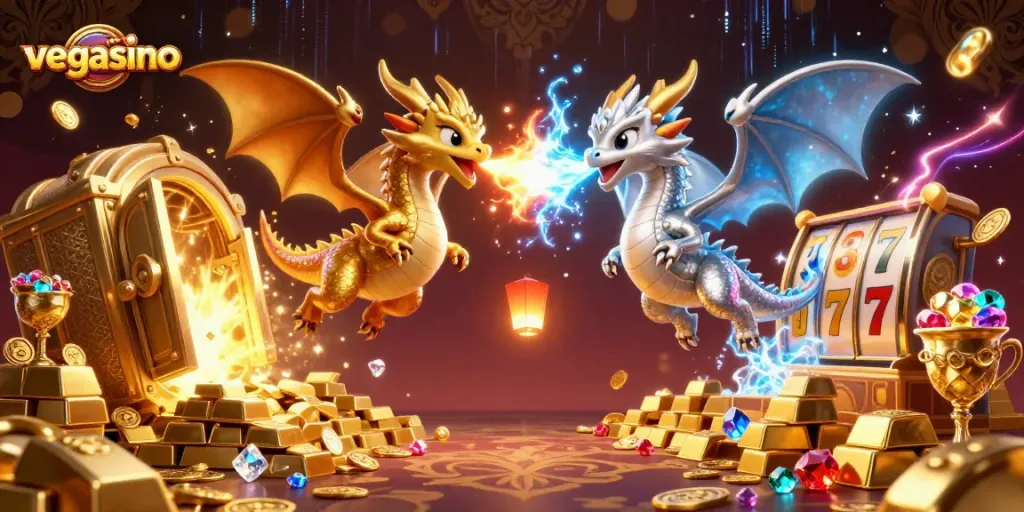 Engage with vegasino as twin dragons battle in a vibrant 3D casino world filled with treasures.