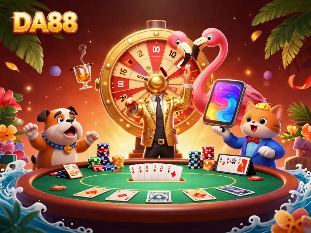 Engage in DA88 casino excitement with a game show host and playful characters in a vibrant setting.
