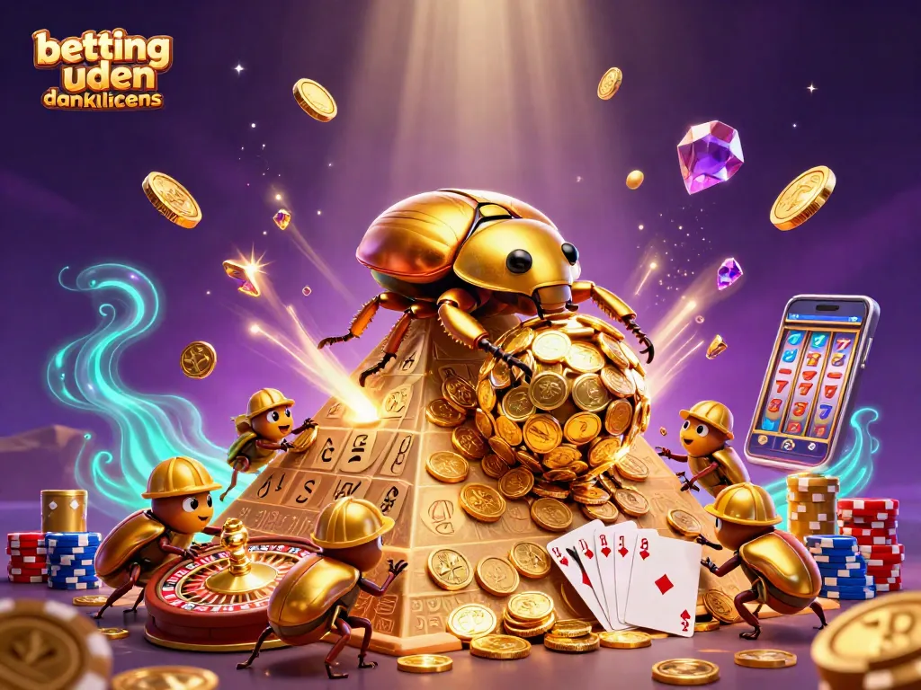 Experience betting uden dansk licens with a colorful 3D illustration of a golden dung beetle and casino elements.