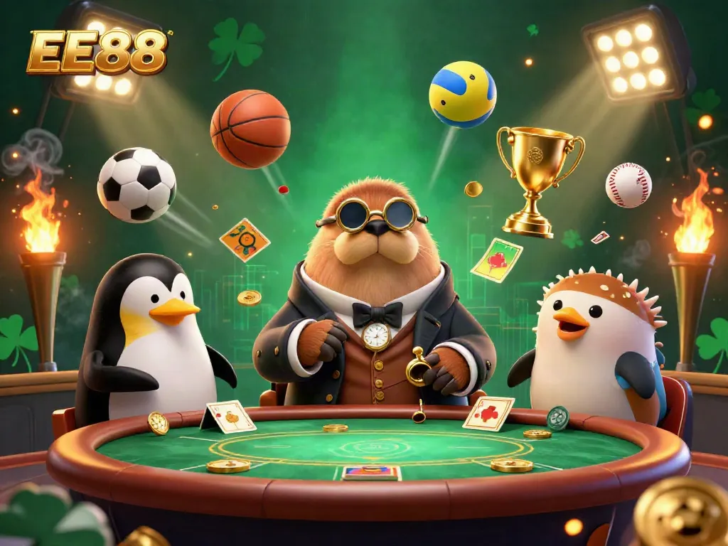 Engage in an exciting underwater poker game with EE88, featuring a jolly walrus and a penguin dealer in a vibrant scene.