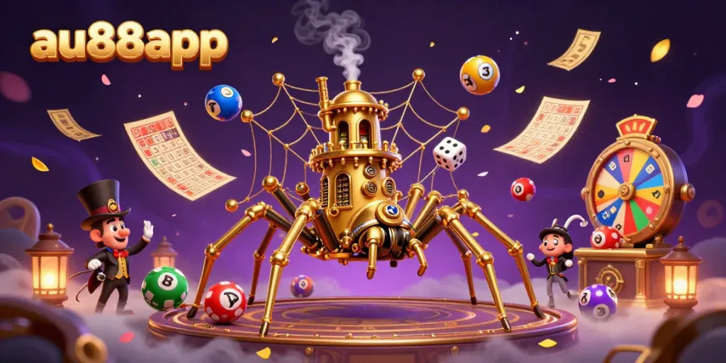 Engage with exciting games at au88app, featuring vibrant lottery elements and a unique steampunk design.