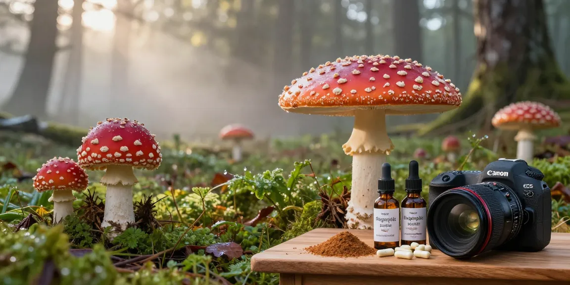 Lebhaftes Fliegenpilz Pulver, präsentiert neben Amanita muscaria Pilzen in einer üppigen Waldumgebung.