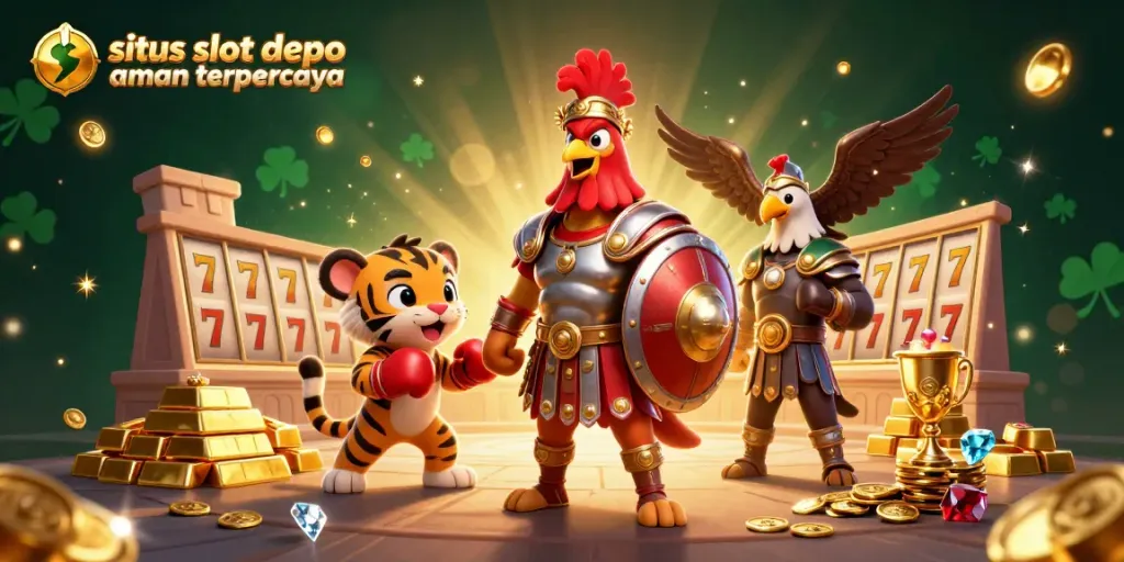 Gambar menarik situs slot depo aman terpercaya dengan karakter ayam petarung dan simbol slot yang seru