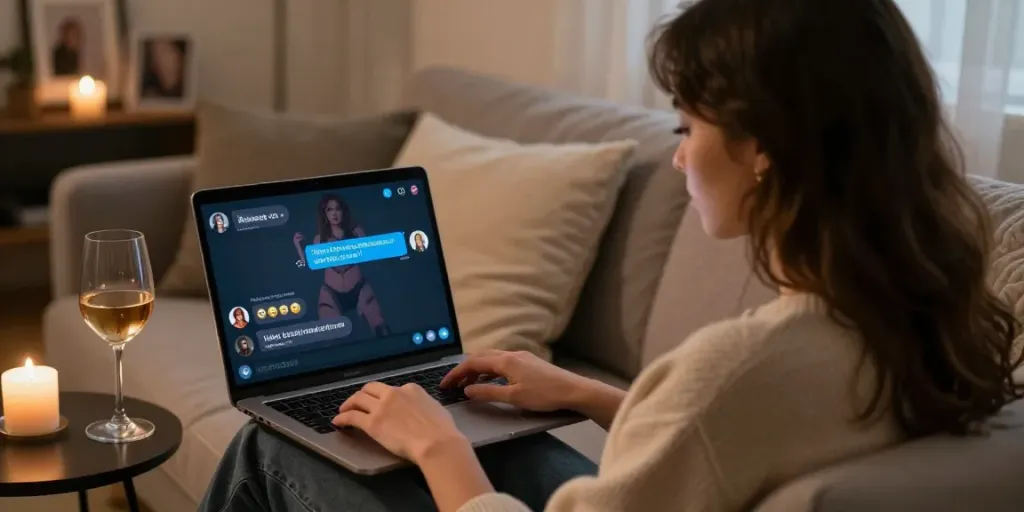 Sensual person engaging in sex chat over video call, cozy intimate setting with warm lighting.