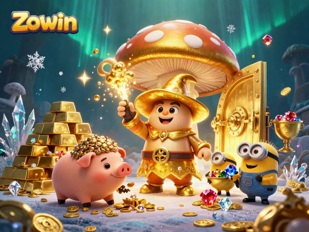 Zowin captures magical treasure moments with wizard, pig, and gems in an online gaming adventure.
