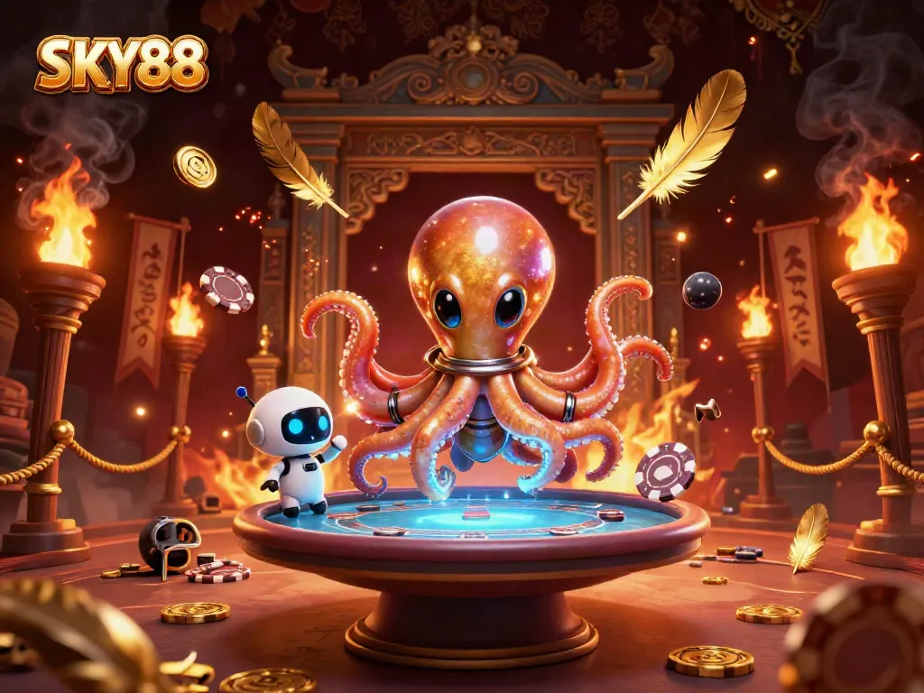 Experience thrilling gambling action at SKY88 with an alien octopus and a tiny robot at a holographic poker table.