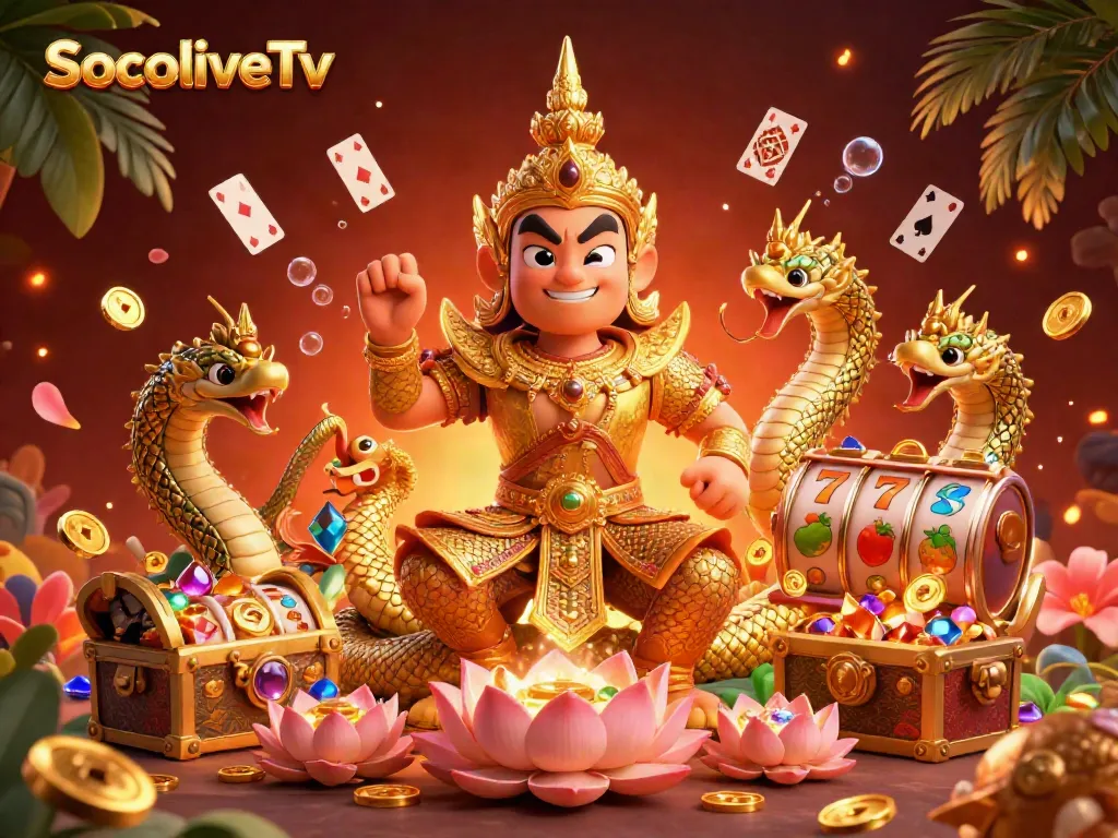 SocoliveTv showcases a vibrant scene with a yaksha guardian, Naga serpents, and casino elements in a 3D digital format.