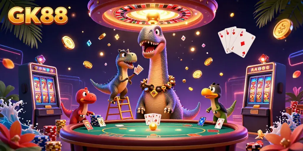 GK88 casino adventure with a giant brontosaurus, raptor dealer, and vibrant slot games.