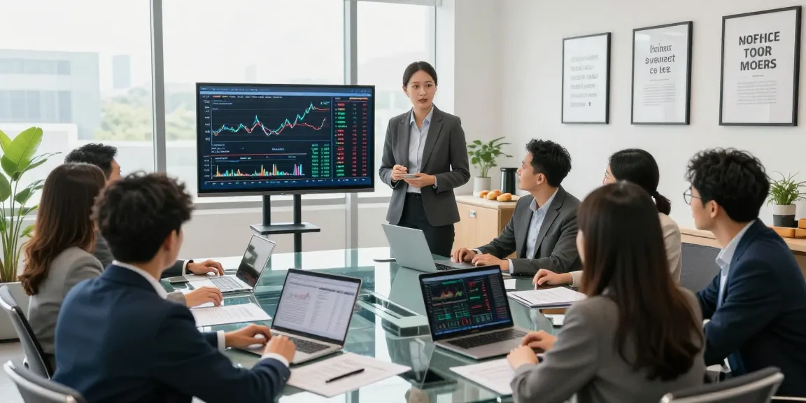 Financial advisors at elasesorfinanciero.com discuss investment strategies with clients in a modern office setting.