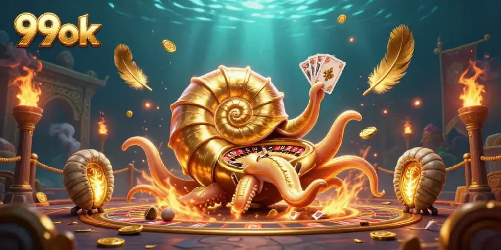 Engage in thrilling card games with the 99ok nautilus, roulette wheel background, and golden treasures.