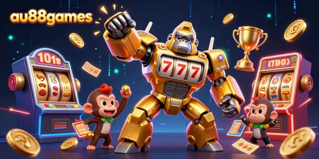 Experience thrilling moments at au88games with a vibrant 3D casino action scene featuring a golden gorilla mech.