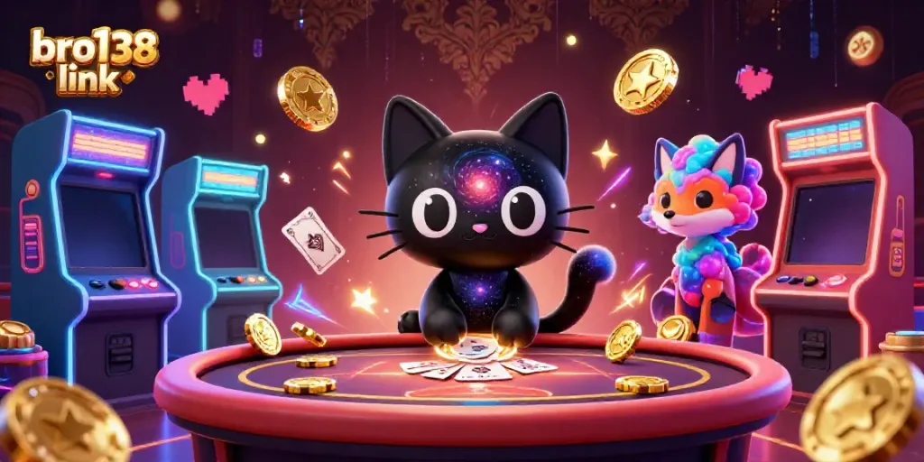 Experience thrilling action at bro138 link with a cartoon cosmic casino scene featuring a black hole cat.