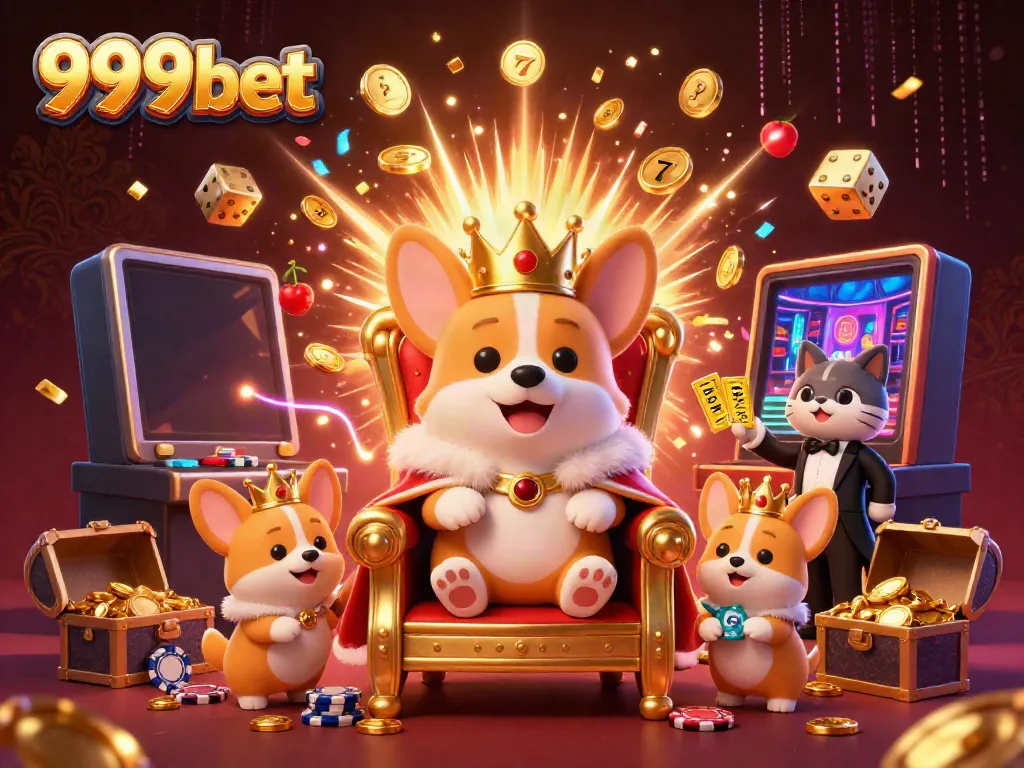 Experience the excitement of 999bet with a vibrant 3D casino scene featuring a royal corgi and dynamic gameplay.