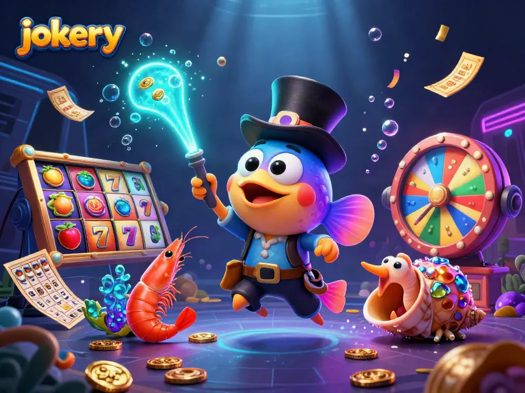 Play exciting slots with jokery and join the treasure hunt in this vibrant casino scene!