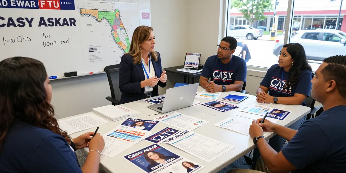 Casey Askar campaign office strategizing with volunteers on election plans.