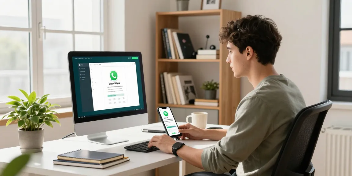 Using WhatsApp電腦版 in a modern home office setting with a bright atmosphere.