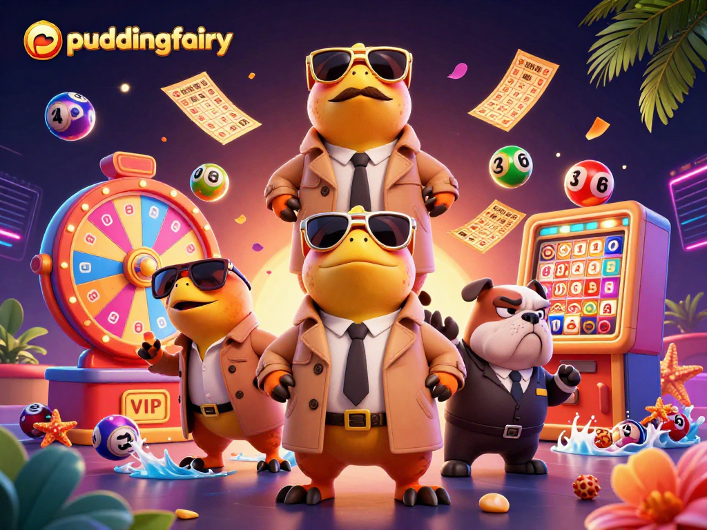 Experience the vibrant gaming world of puddingfairy with dynamic lottery elements and animated casino characters.