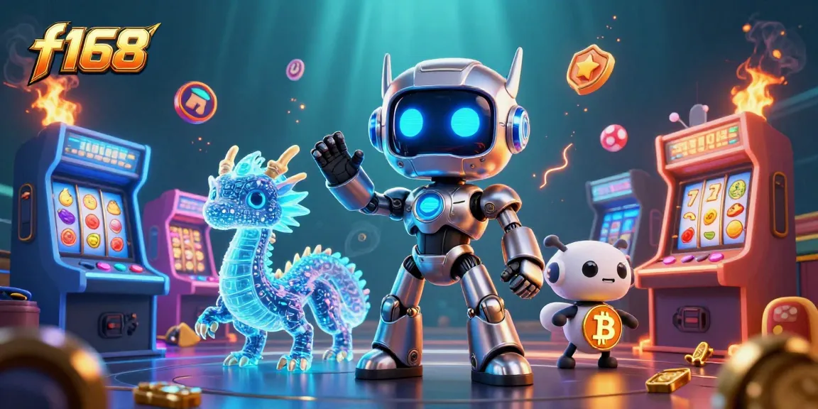 Experience exciting gameplay with f168's vibrant casino scene featuring a cyberpunk robot and dynamic game elements.