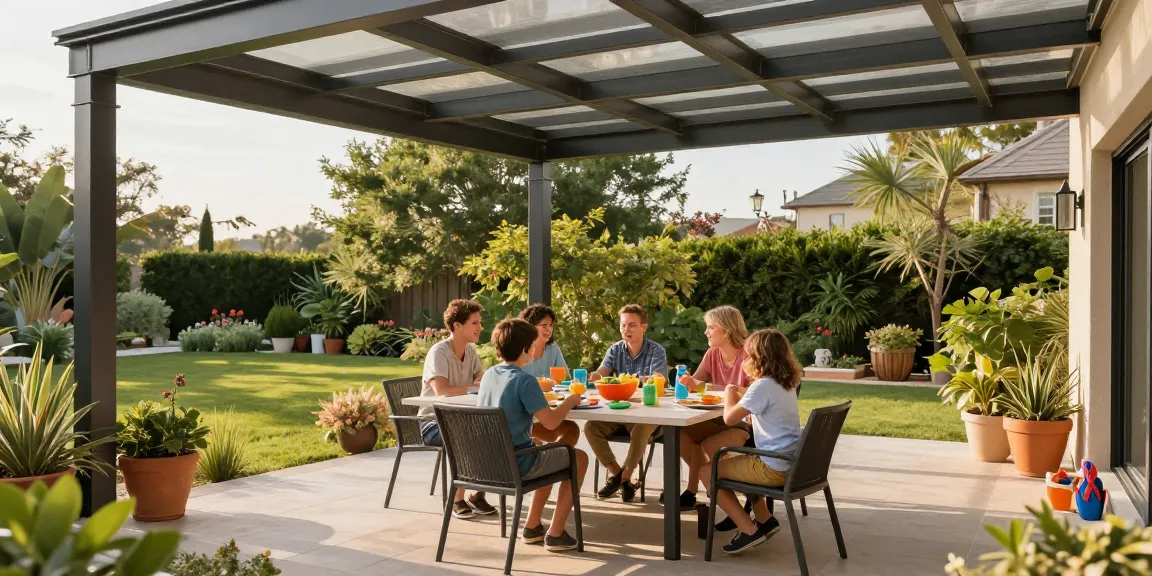Moderne Terrassenüberdachung mit einladender Atmosphäre, perfekte Gartenfeier.