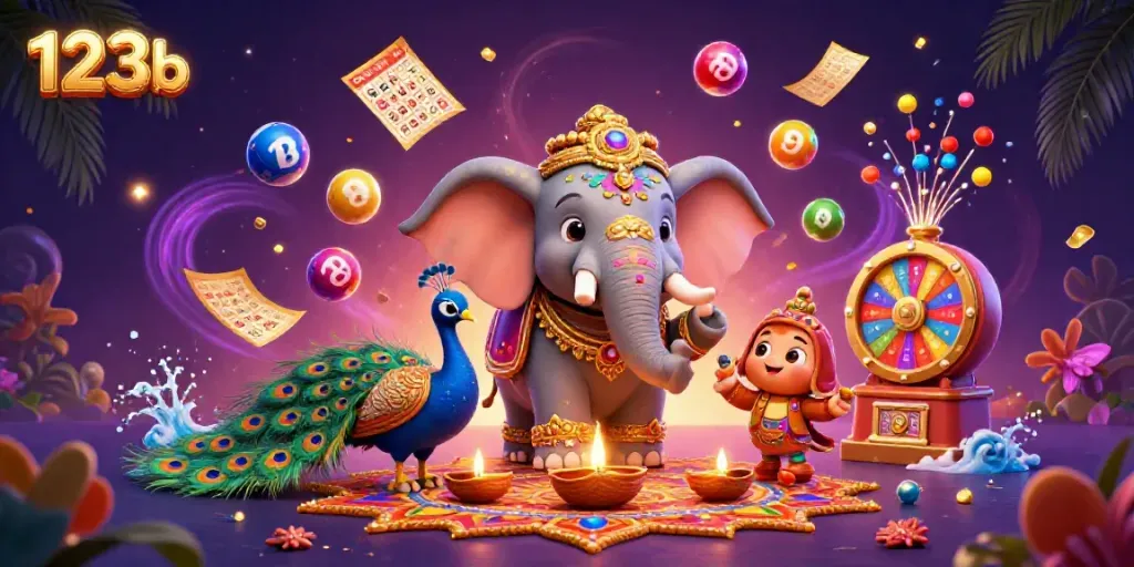 Play dynamic lottery games and explore vibrant casino elements with 123b in this colorful scene.