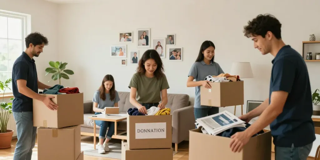 Professionelle Haushaltsauflösung Wien mit freundlichem Team, das personalisierte Boxen packt und Möbel sortiert.
