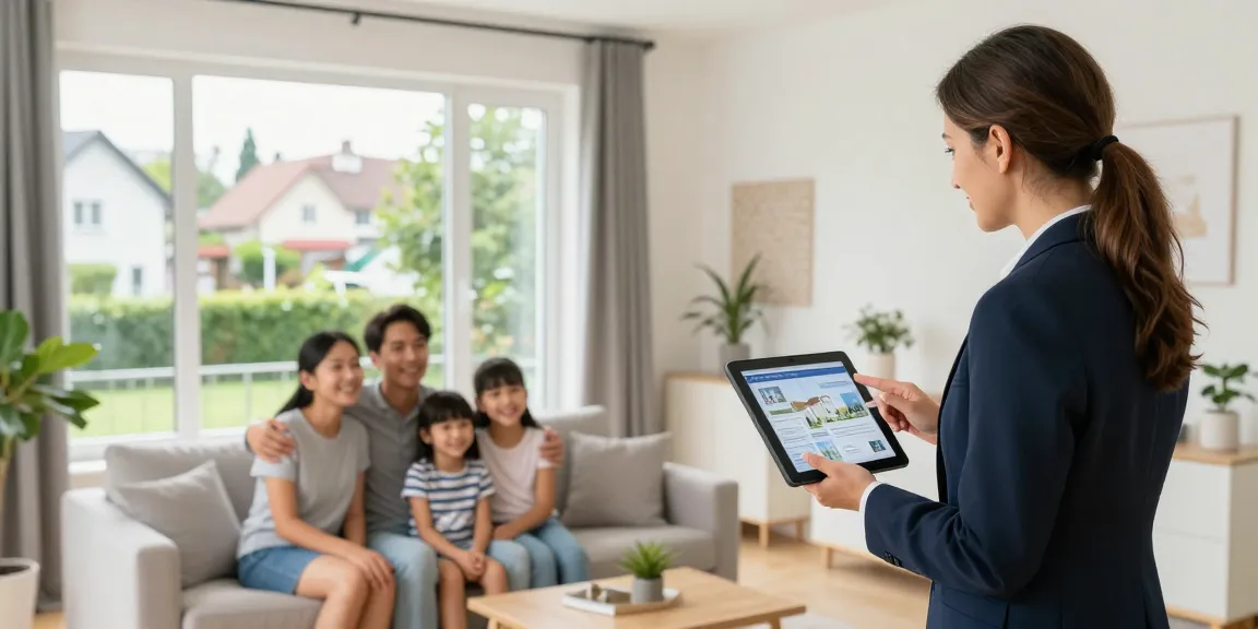 Immobilien Wiesbaden: Vertrauenswürdiger Immobilienmakler zeigt Familie ein schönes Zuhause in Wiesbaden.
