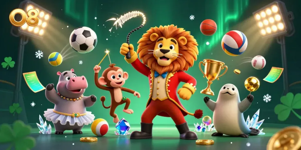 Experience O8's vibrant online casino with a lively scene featuring a lion ringmaster, whimsical characters, and dynamic sports elements.