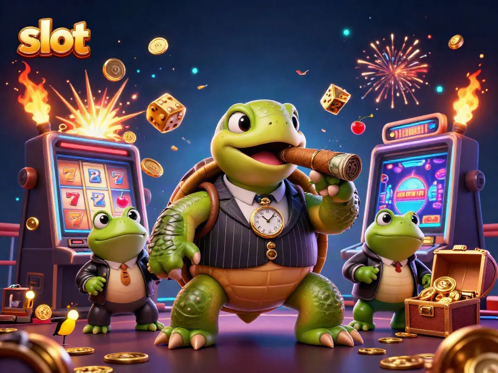 Engaging action scene featuring a snapping turtle in a suit with slot machines and gold coins.