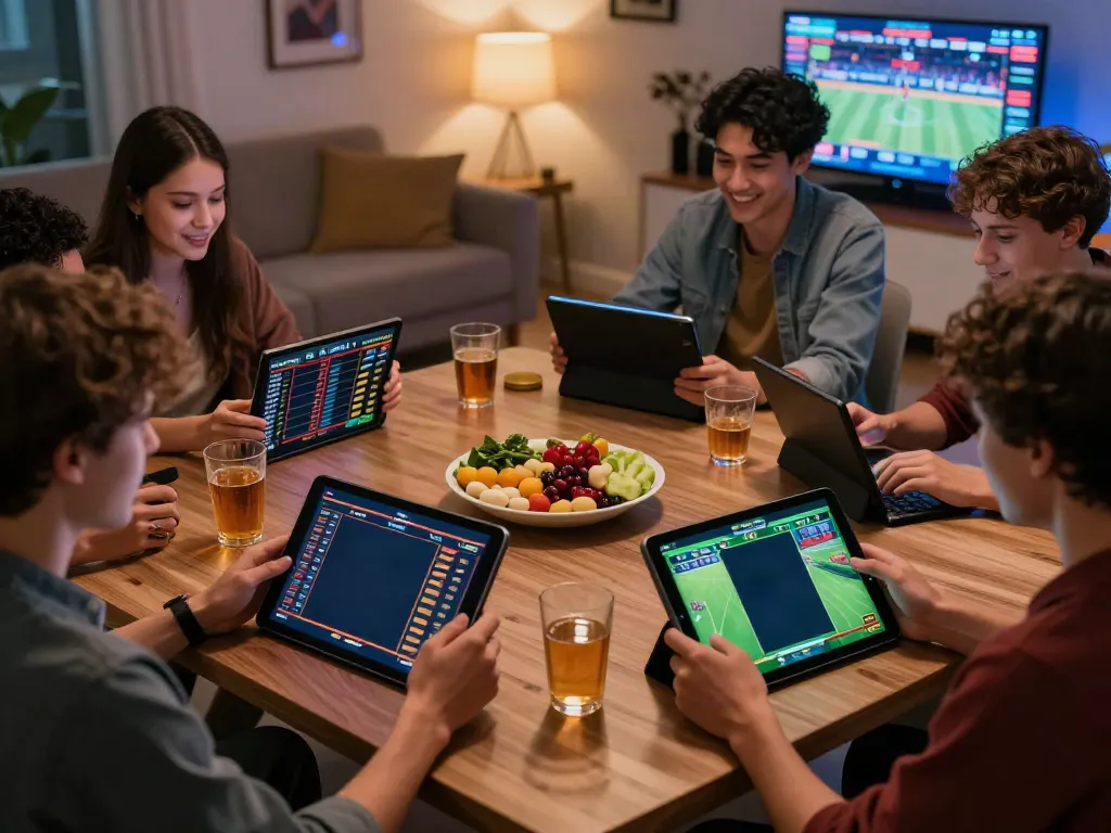Dewacash Asia friends enjoying online sports betting in a vibrant living room.
