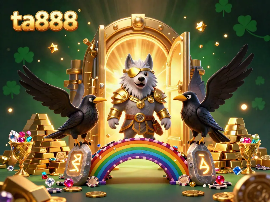 Experience thrilling gameplay at ta888 with a Norse-inspired scene featuring Odin and treasure in an enchanted casino.