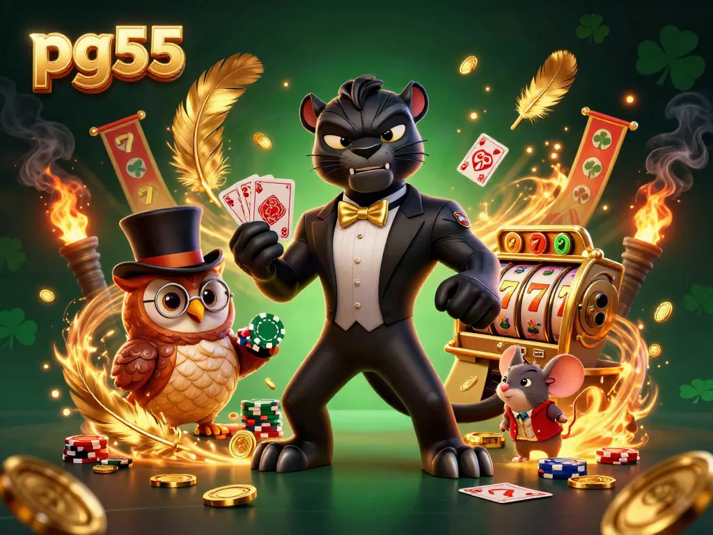 Experience the pg55 online casino with dynamic 3D characters in a vibrant gambling scene.