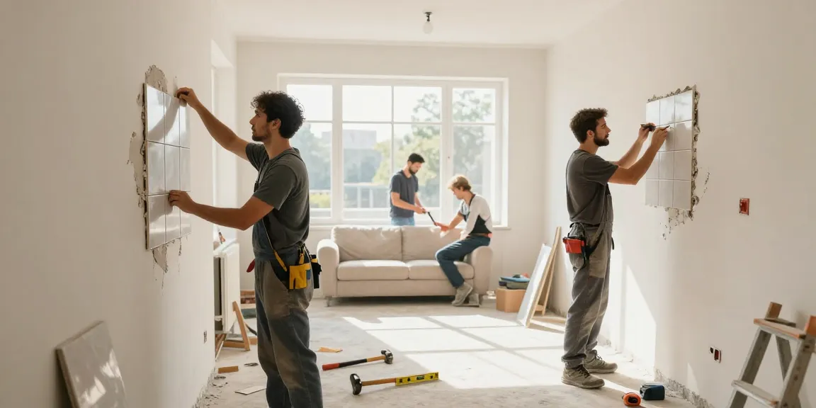 Renovierung und Sanierung eines Wohnraums mit Handwerkern bei der Arbeit