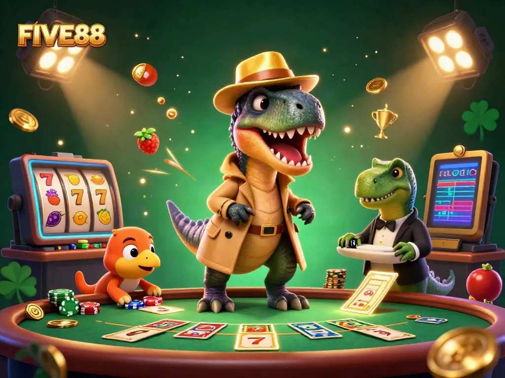 FIVE88 showcases a thrilling 3D casino scene with a velociraptor card counter and colorful slot elements.