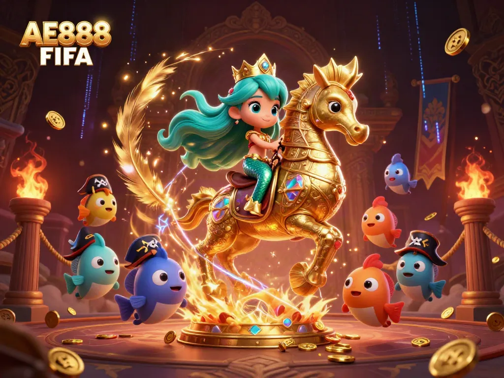 Engage in vibrant gaming with AE888 FIFA, featuring a mermaid on a seahorse amidst dazzling casino adventures.