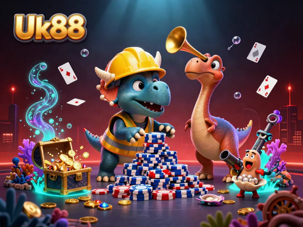 Experience the thrilling Uk88 casino gameplay with triceratops stacking poker chips and celebrating creatures.