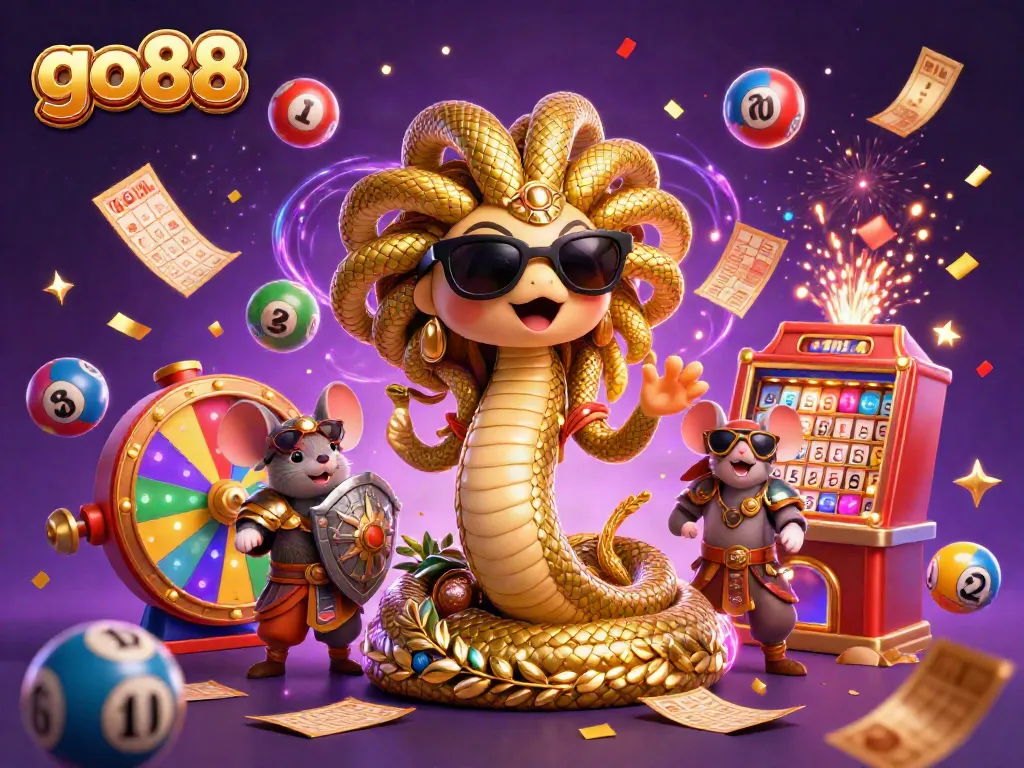 Engage with go88's vibrant casino world featuring Medusa and a warrior mouse amidst lottery elements.
