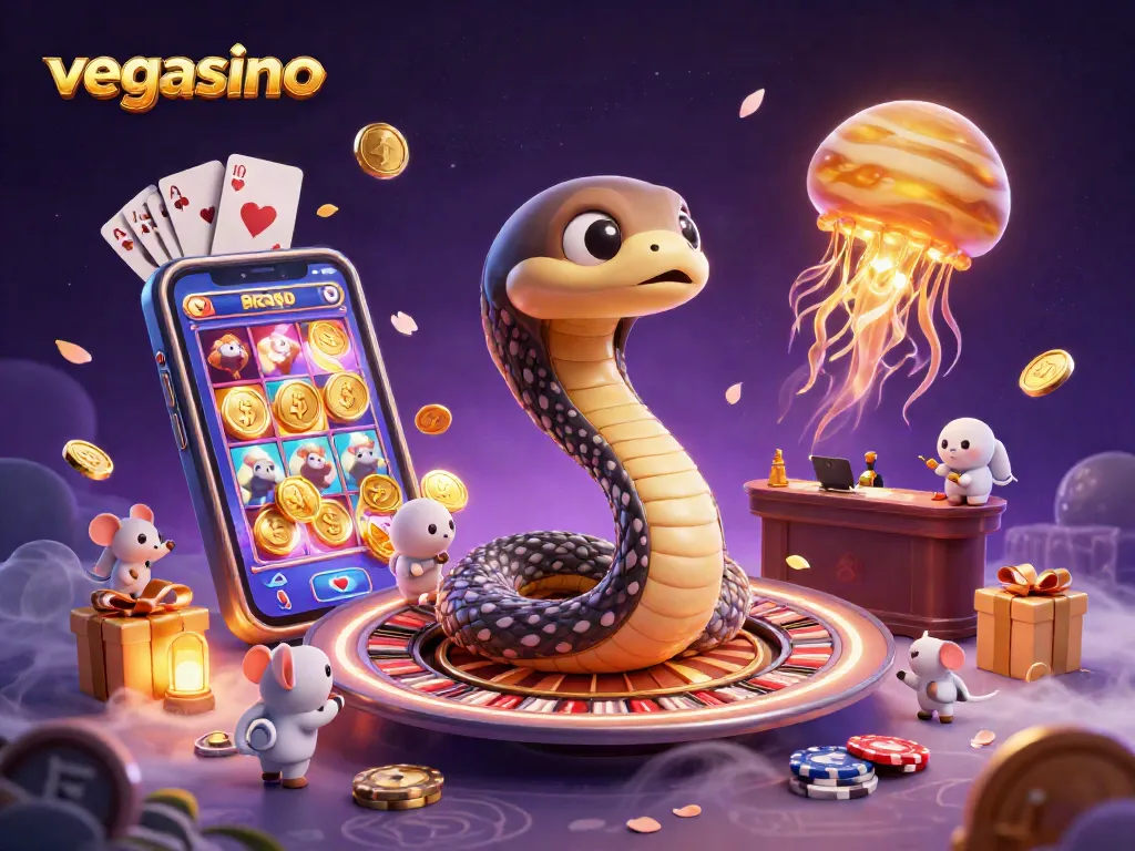 Engage with vegasino's thrilling gameplay as the Saturn ring snake spins the roulette wheel while astronaut mice place bets.