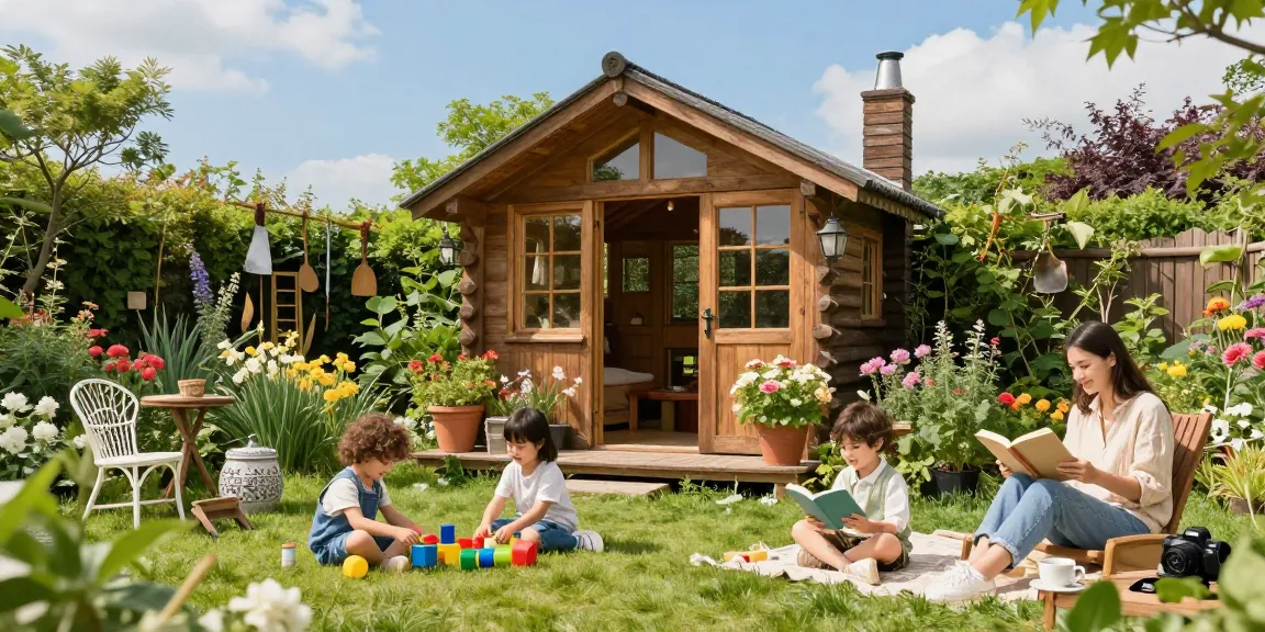 Wunderschönes Gartenhaus umgeben von blühenden Pflanzen und einer Familie, die den sonnigen Tag genießt.