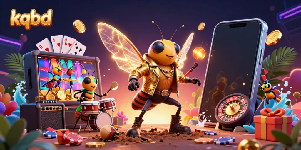 Experience the vibrant atmosphere of kqbd as a cartoon rock star entertains with casino-themed elements.
