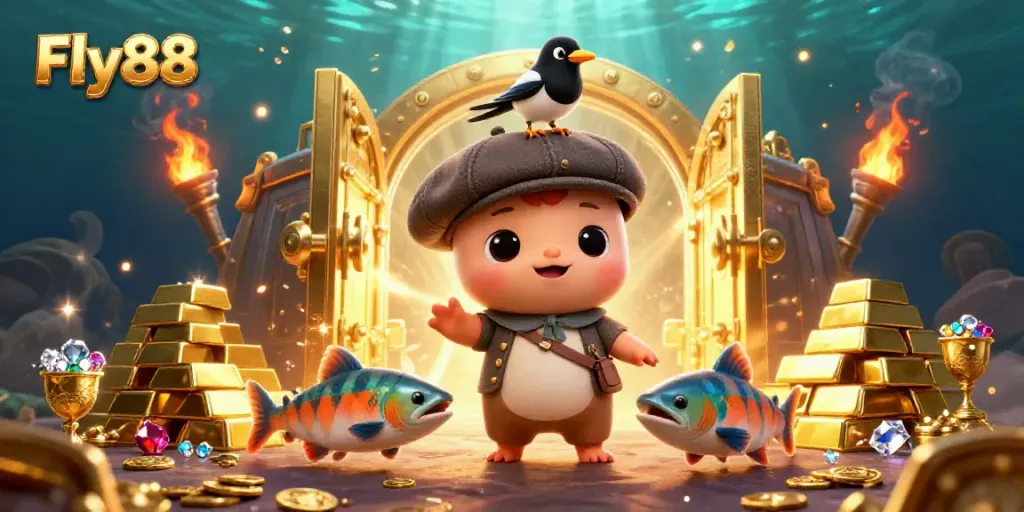 Catch exciting wins at Fly88 with vibrant 3D visuals of the playful Loch Ness monster and gold treasures.