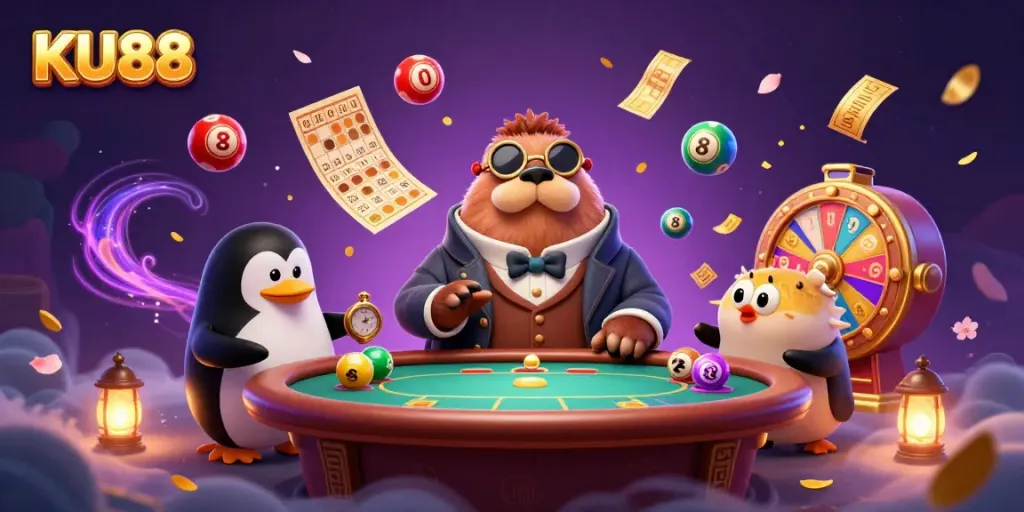 Experience thrilling moments with KU88 at an underwater gambling scene featuring unique cartoon characters.