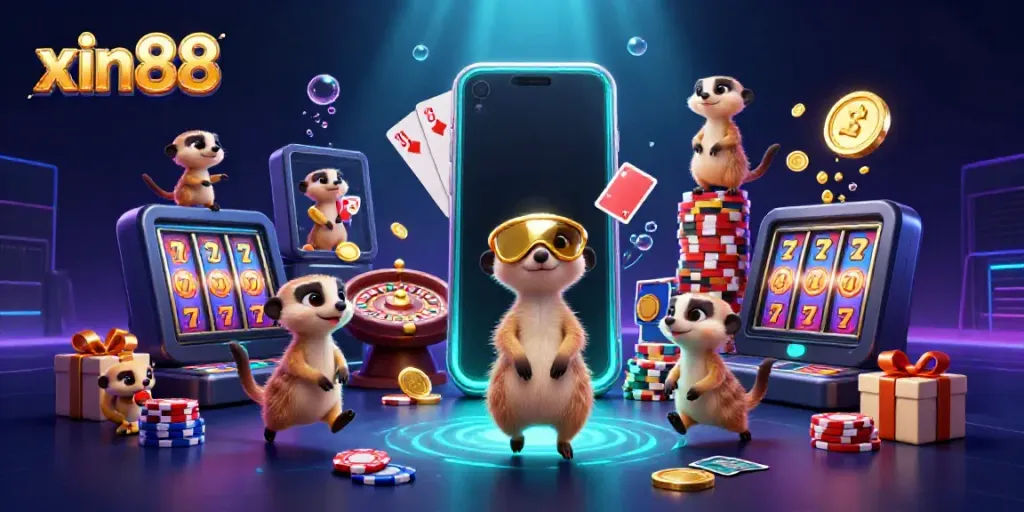 Enjoy thrilling gambling action at xin88 with playful meerkats running a vibrant casino scene.