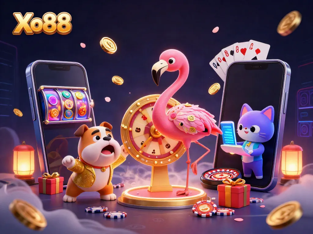Xo88 showcases thrilling gameplay options with a vibrant game show theme, entertaining characters, and dynamic casino elements.
