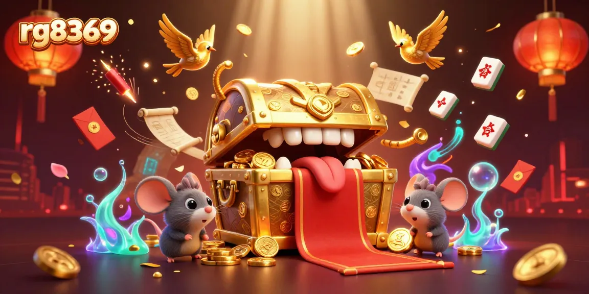 Win big at rg8369 with a vibrant 3D treasure scene featuring playful adventurer mice and a golden chest.