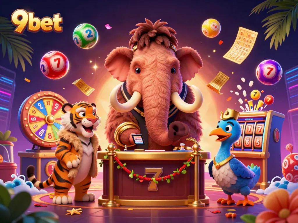 Join the exciting world of 9bet with a vibrant scene featuring cash, games, and characters!