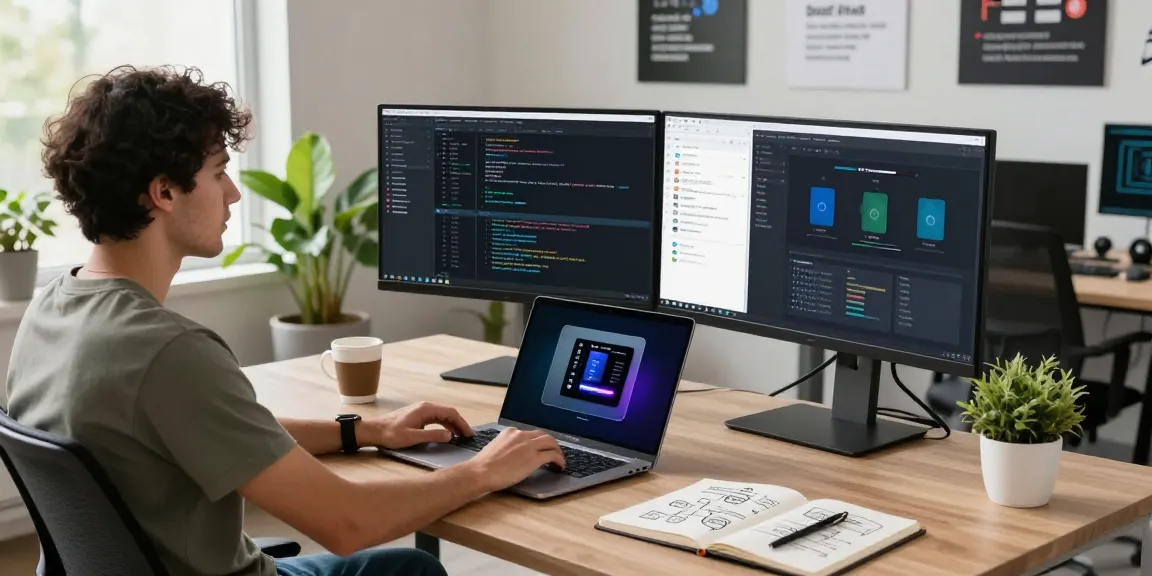 Build internal tools with AI in a modern tech workspace, featuring a developer working with code and AI tools.